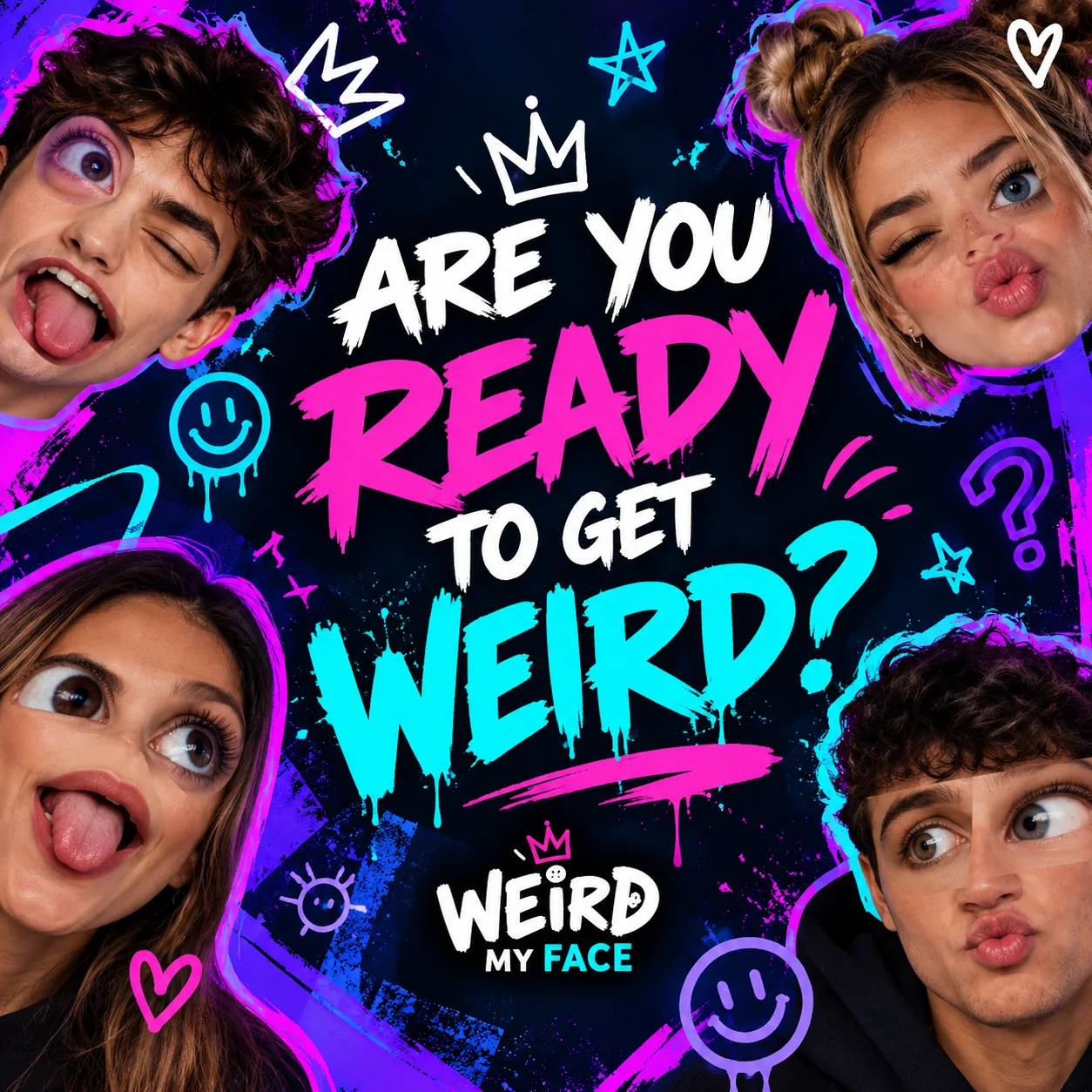 Collage of playful mixed faces in the WEIRD MY FACE neon style